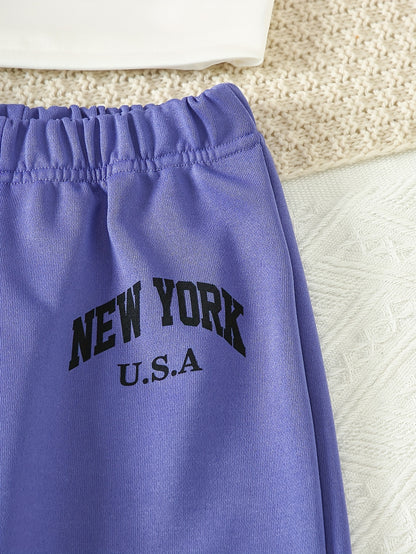 Girls' 3pcs Fashion Outfit, Short Hoodie and Tank Top with Athletic Pants Set, New York Print Casual Long Sleeve Top, Kids Spring/Summer/Autumn/Winter Clothing, Knitted Fabric, Stretchy, Letter Pattern, Regular Fit, Polyester