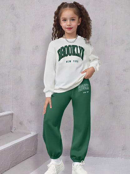 Tween Girls 2pcs/set Casual outdoor Comfy Outfit, BROOKLYN Print Long Sleeve Sweatshirt & Sweatpants For Spring & Fall Sports Daily Wear
