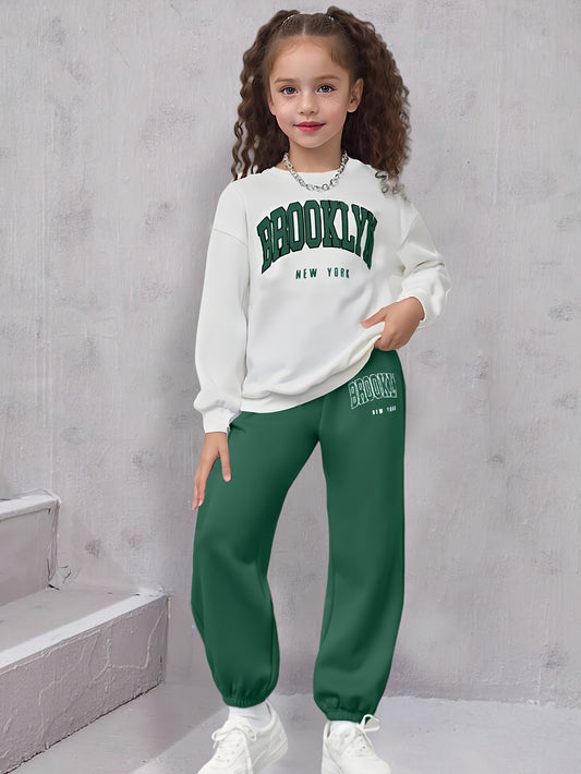 Tween Girls 2pcs/set Casual outdoor Comfy Outfit, BROOKLYN Print Long Sleeve Sweatshirt & Sweatpants For Spring & Fall Sports Daily Wear
