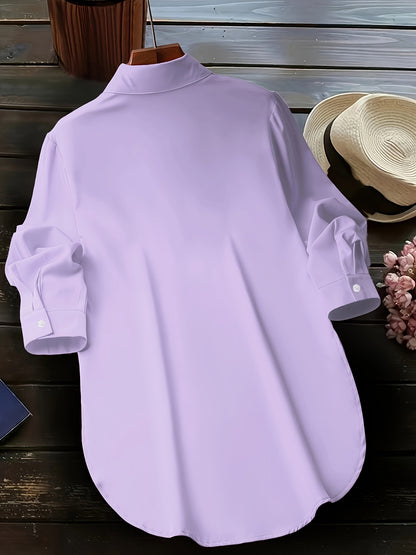 Blusa de talla grande con dobladillo curvo, informal, con cuello abotonado para primavera, ropa de talla grande para mujer.