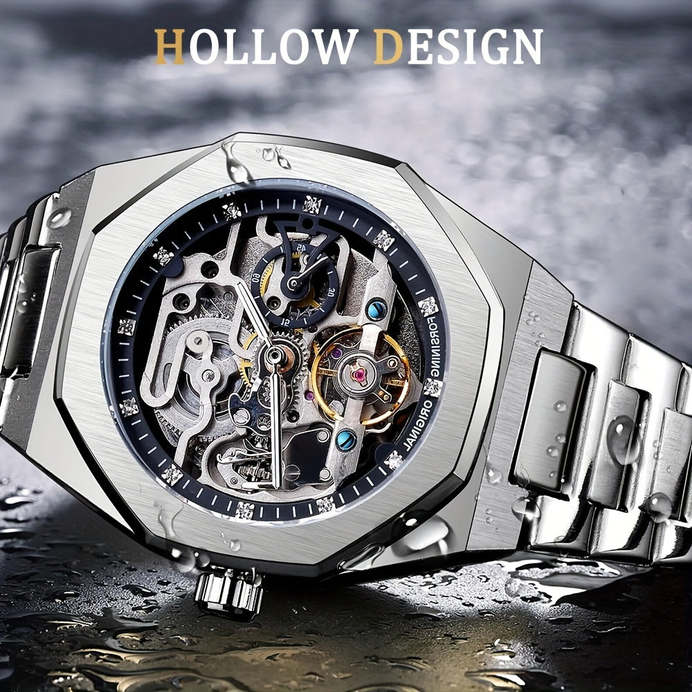 Reloj mecánico automático para hombre: esqueleto de diamantes de imitación 3D, acero inoxidable, estilo deportivo y profesional, regalo perfecto.