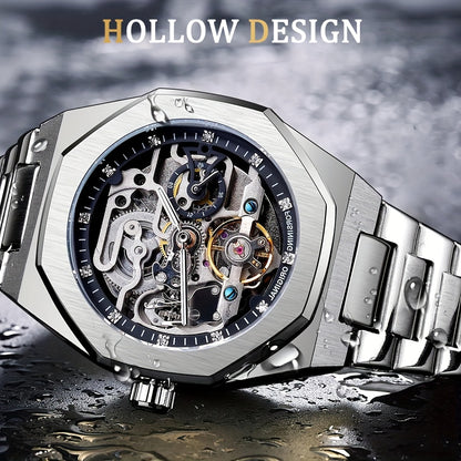 Reloj mecánico automático para hombre: esqueleto de diamantes de imitación 3D, acero inoxidable, estilo deportivo y profesional, regalo perfecto.