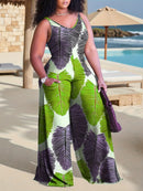 Plus Size, Plus Size Women's Sleeveless V-Neck Geometric Striped Jumpsuit - Wide-Leg Beach Vacation Outfit, Green Yellow White Purple Casual Elegance, Machine Washable All-Season Wear, Beach Clothes, Summer Wardrobe, Elegant