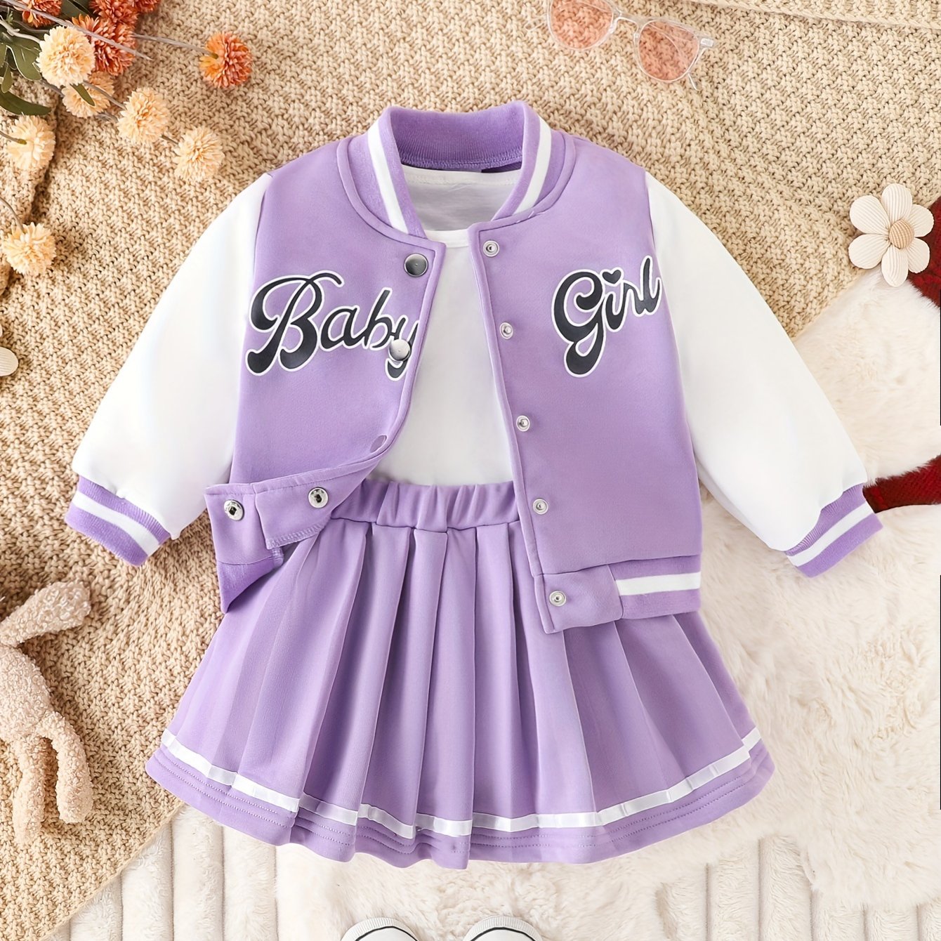 Conjunto de 2 piezas de chaqueta de béisbol con estampado de niña y falda plisada para exteriores, ideal para fiestas y deportes.
