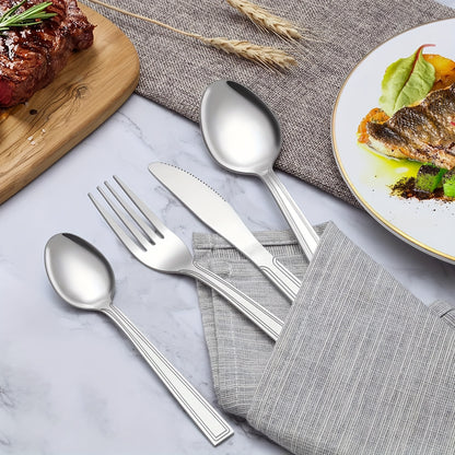 60pcs/set Stainless Steel Tableware Set For 12 People With Knives, Forks, And Spoons. Ideal For Restaurants, Parties, Weddings, Classic Strip Craftsmanship. Ergonomic Handles And High Quality Design. Comfortable Grip. Washabl