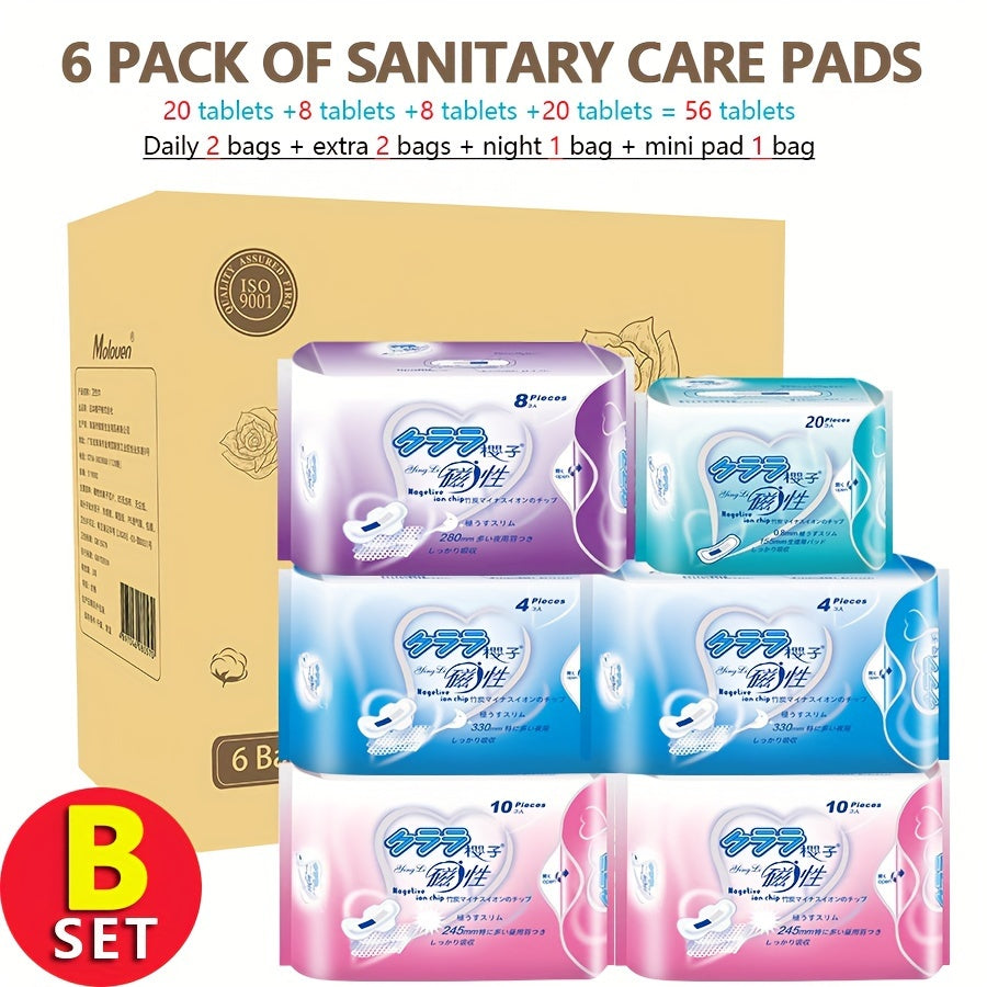 6-Pack Women's Hygiene Sanitary Pads Bundle, Soft Ultra Thin Winged Napkins, Overnight Absorbency, Unscented Menstrual Pads Combo Set, Multi Size, Travel-Friendly - 60/56 Count