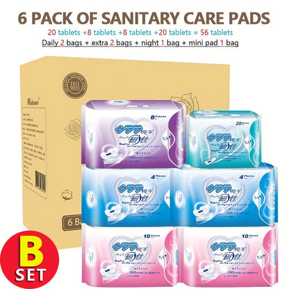 6-Pack Women's Hygiene Sanitary Pads Bundle, Soft Ultra Thin Winged Napkins, Overnight Absorbency, Unscented Menstrual Pads Combo Set, Multi Size, Travel-Friendly - 60/56 Count