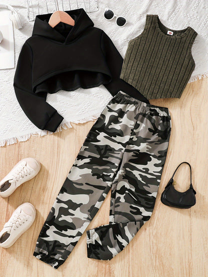 3PCS Girls Trendy Street Wear Style Outfit, Long Sleeve High Low Hoodie + Ribbed Tank Top + Camouflage Pattern Trousers Set For Spring & Fall & Winter Outdoors