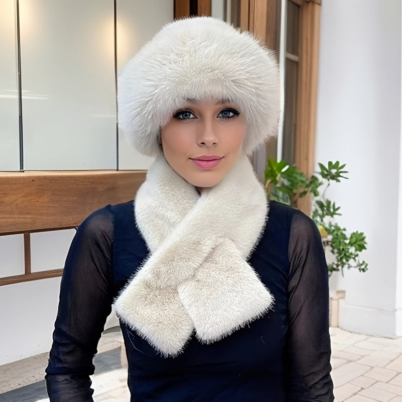 Women'S Luxurious Faux Fur Hat and Scarf Set, Winter Warmth Thickened Polyester Fox Fur Cap with Earmuffs, Elegant Festive Gift, Knitted No-Brim Hat, Non-Stretch, Hand Wash Only