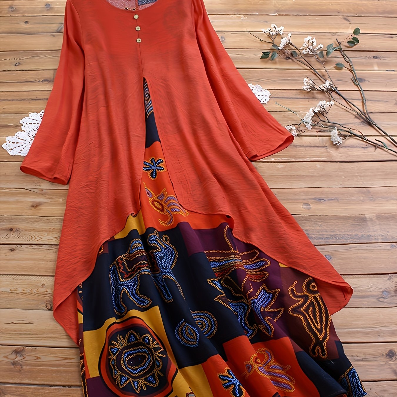 Plus Size 2-in-1 Graphic Print Dress, Casual Button Decor Crew Neck Long Sleeve Dress For Spring, Women's Plus Size Clothing
