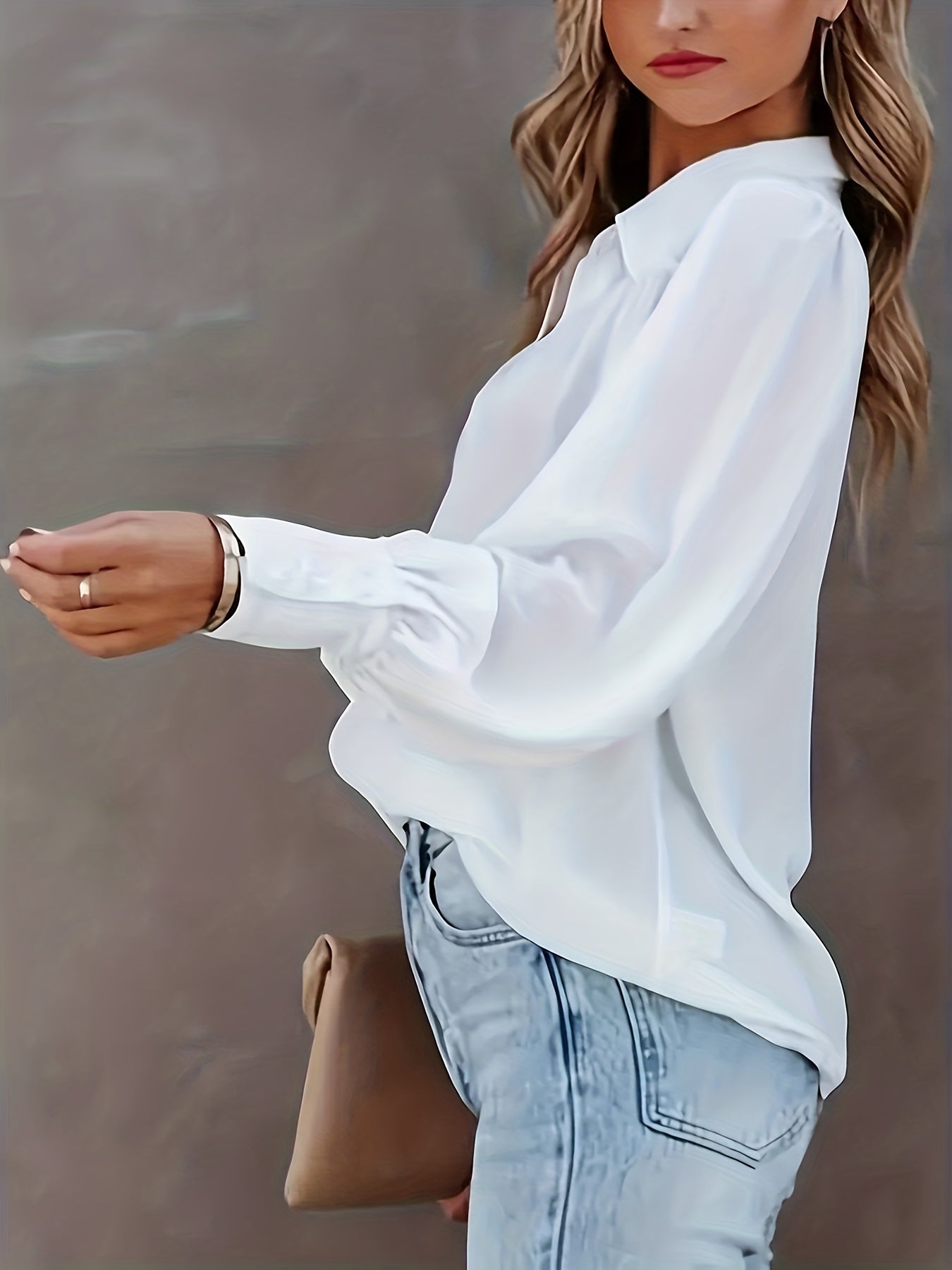Blusa básica de talla grande para mujer, con botones, mangas farol, cuello vuelto, ligeramente elástica