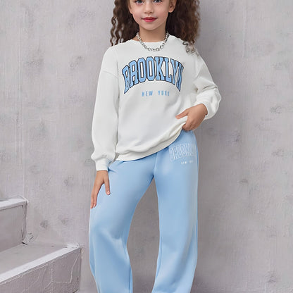 Tween Girls 2pcs/set Casual outdoor Comfy Outfit, BROOKLYN Print Long Sleeve Sweatshirt & Sweatpants For Spring & Fall Sports Daily Wear