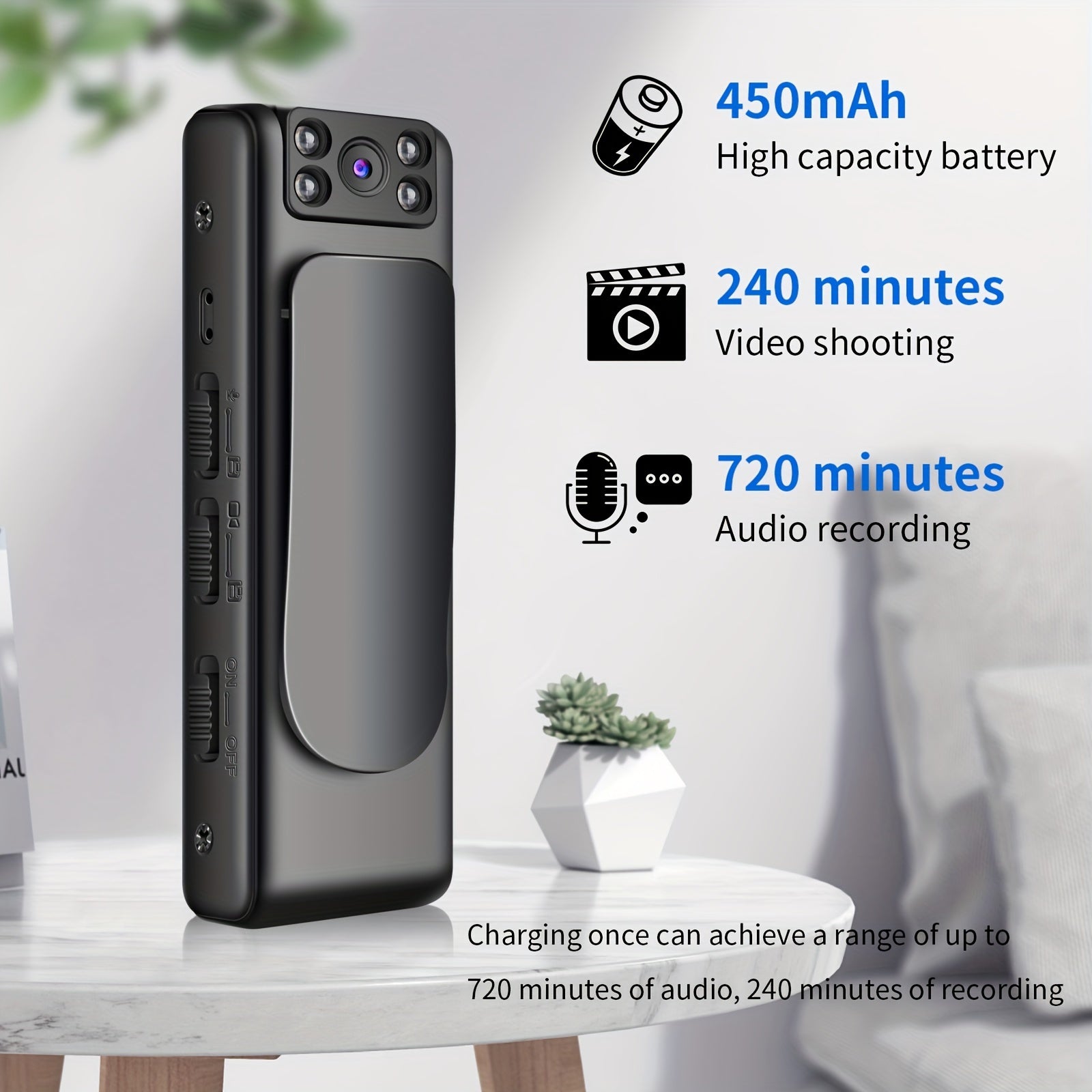 Cámara corporal portátil con audio: visión nocturna y gran angular para fuerzas del orden, guardias de seguridad y grabaciones deportivas (batería recargable por USB, 450 mAh)