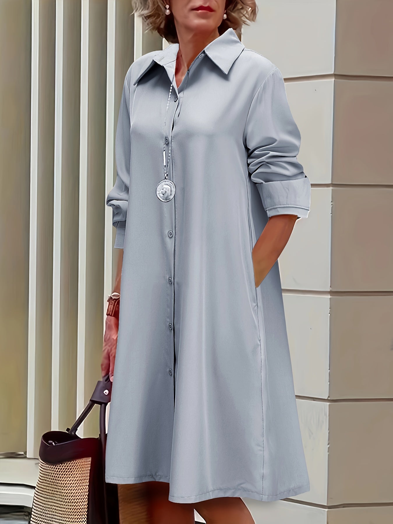 Plus Size Casual Dress, Women's Plus Solid Button Up Long Sleeve Turn Down Collar Shirt Dress