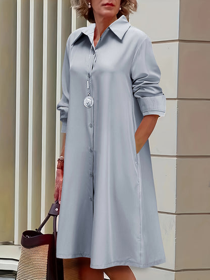 Plus Size Casual Dress, Women's Plus Solid Button Up Long Sleeve Turn Down Collar Shirt Dress