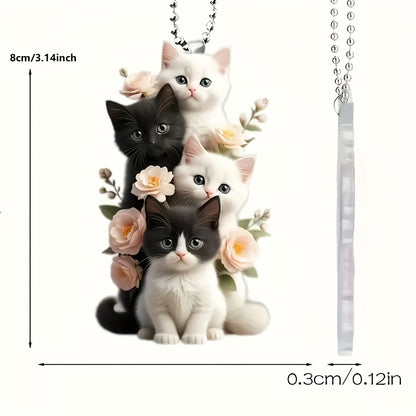 Charming Acrylic Cat & Floral Hanging Ornament - Versatile 2D Decor for Car Rearview Mirror, Bags & Keychains - Perfect Couple's Gift & Holiday Accessory