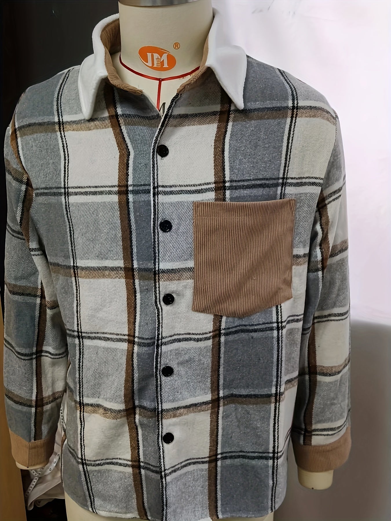 1pc Men'S Casual Plaid Fleece Jacket, Thickened Outerwear with Button Closure, Polyester Fabric, Non-Stretch, Regular Fit, Autumn/Winter Season, Solid Color Pocket Detail