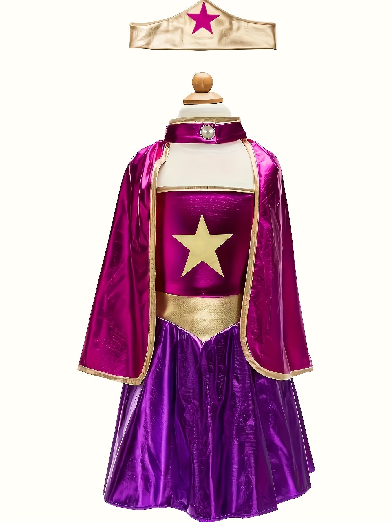 Girl's Star-Printed Cosplay Costume Set, 3-Piece Polyester Party Dress with Cape, Headband, and Skirt, Fun Character Role-Play Outfit for Ages 3-12, Halloween Magic Themed, Fitted Knit Fabric with Button Detail