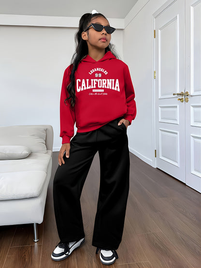 Conjunto de sudadera con capucha y pantalón ancho para niña, informal, con estampado de letras y dibujos animados, 304, poliéster elástico, corte holgado, otoño/invierno, tejido de punto, ropa juvenil, para exteriores.