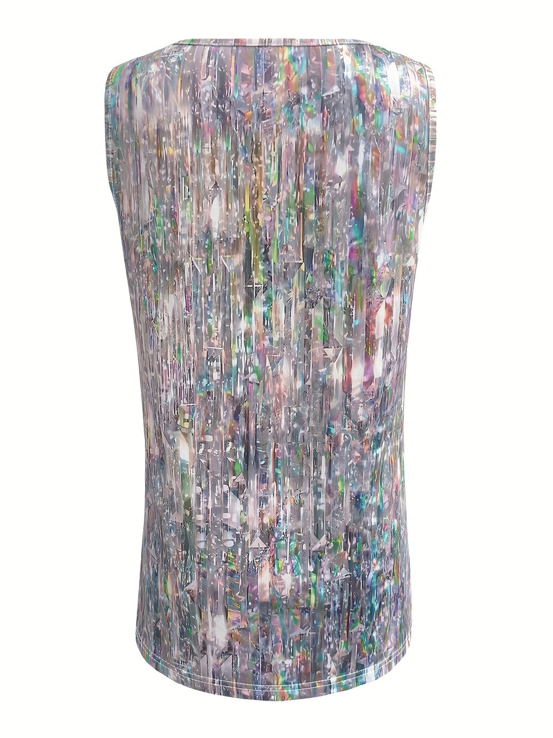 Women's Plus Size Summer Gradient Print Sleeveless Tank Top - V-Neck with Circular Ring Accents, Stretchy Casual Vacation Top, Machine Washable Elegant Resort Wear, Ladies Tank Tops, Beachwear Essentials, Textured Appearance