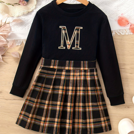 2PCS Girls Vintage Style M Letter Print Long Sleeve T-shirt Top + Plaid Skirt Set Spring Fall Outdoor Activities, As A Gift