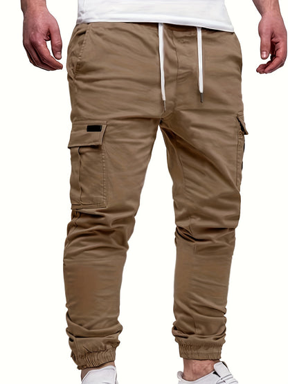 Men's Fashion, Regular Fit And Cuffed Solid Cargo Pants With Flap Pockets, Chic And Trendy Solid Drawstring Leisure Trousers For Daily Outerwear