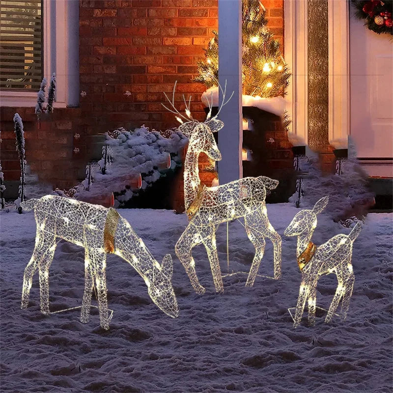 3 piezas de alce de hierro con diseño de ciervo para decoración navideña de jardín con luz LED brillante y purpurina, adorno navideño para exteriores, hogar y patio. 