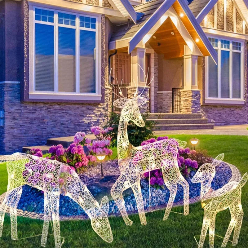 3 piezas de alce de hierro con diseño de ciervo para decoración navideña de jardín con luz LED brillante y purpurina, adorno navideño para exteriores, hogar y patio. 