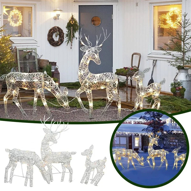 3 piezas de alce de hierro con diseño de ciervo para decoración navideña de jardín con luz LED brillante y purpurina, adorno navideño para exteriores, hogar y patio. 