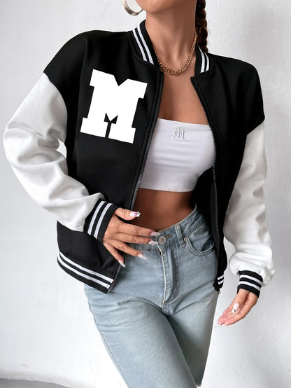 Letter Print Zipper Jacket, Stylish Long Sleeve Jacket For Fall & Winter, Women's Clothing