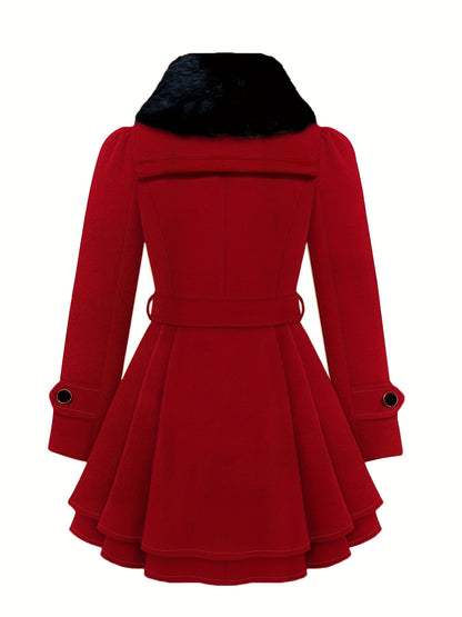Chic Plus Size Women's Winter Coat - Casual Solid Color, Faux Fur Trim, Button-Up with Belt & Pockets, Machine Washable