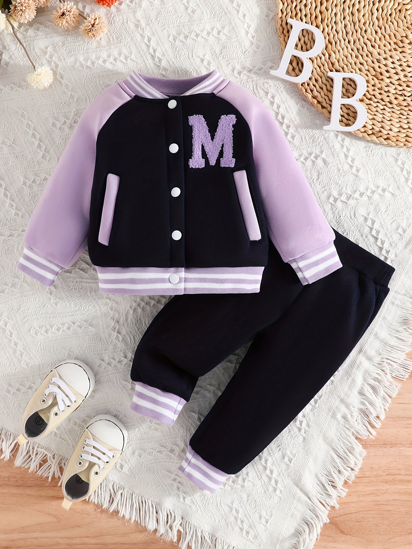 Cute Casual Outfits, Toddler Girls Letter Pattern Baseball Coat Pants Set For Spring And Autumn Outdoor Clothing