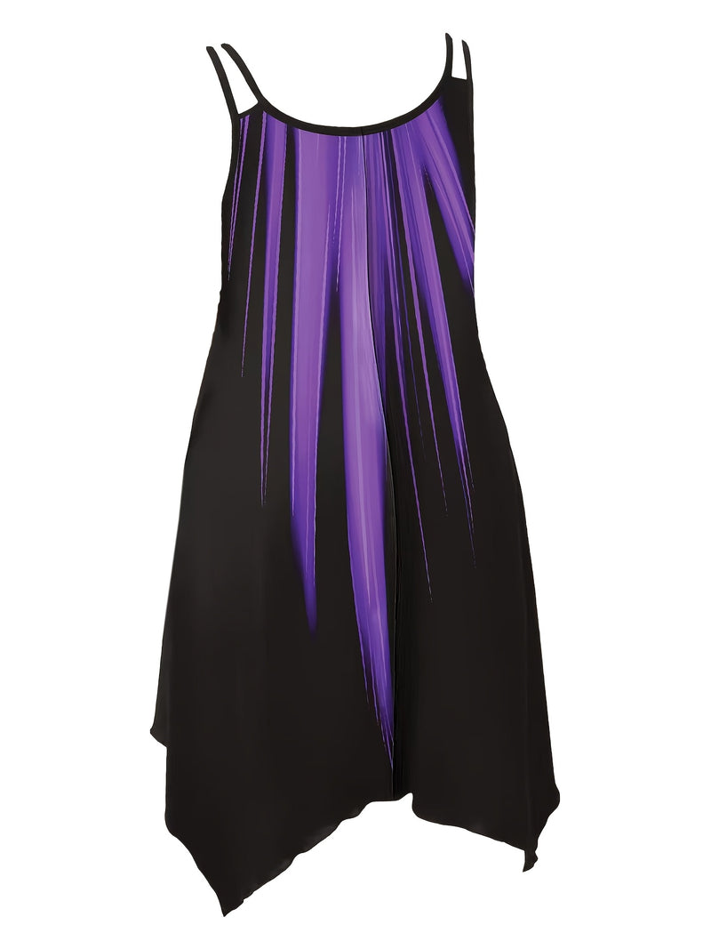 Plus Size Ombre Print Cami Dress, Vacation Style Asymmetrical Hem Sleeveless Crew Neck Dual Strap Dress For Spring & Summer, Women's Plus Size Clothing