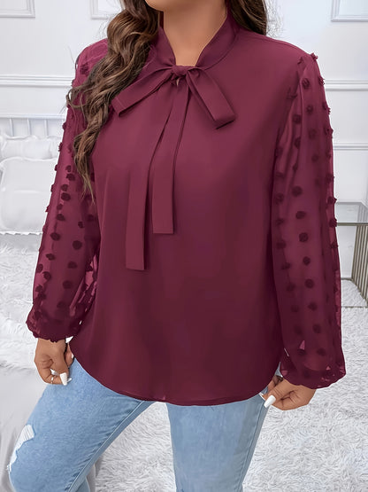 Plus Size Solid Swiss Dot Paneled Blouse, Elegant Tie Neck Long Sleeve Blouse For Spring & Fall, Women's Plus Size Clothing