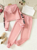 Girls' 3pcs Fashion Outfit, Short Hoodie and Tank Top with Athletic Pants Set, New York Print Casual Long Sleeve Top, Kids Spring/Summer/Autumn/Winter Clothing, Knitted Fabric, Stretchy, Letter Pattern, Regular Fit, Polyester