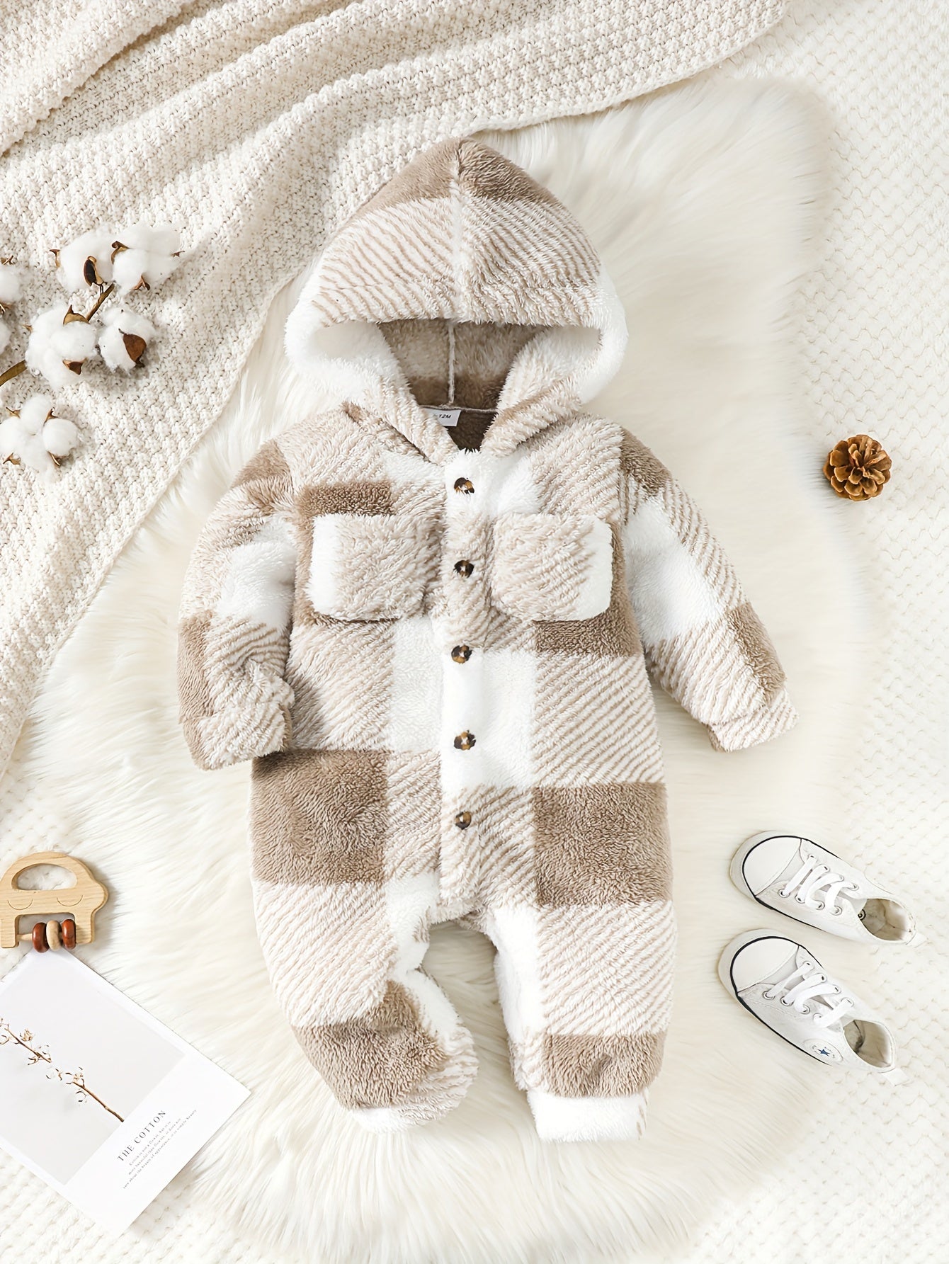 Baby Boy Autumn And Winter Style Fluffy Plaid Pocket Cute Long Sleeve Jumpsuit