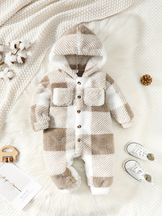 Baby Boy Autumn And Winter Style Fluffy Plaid Pocket Cute Long Sleeve Jumpsuit