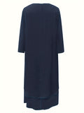 Plus Size Solid Layered Hem Dress, Casual Long Sleeve Dress For Spring &amp; Fall, Women's Plus Size Clothing