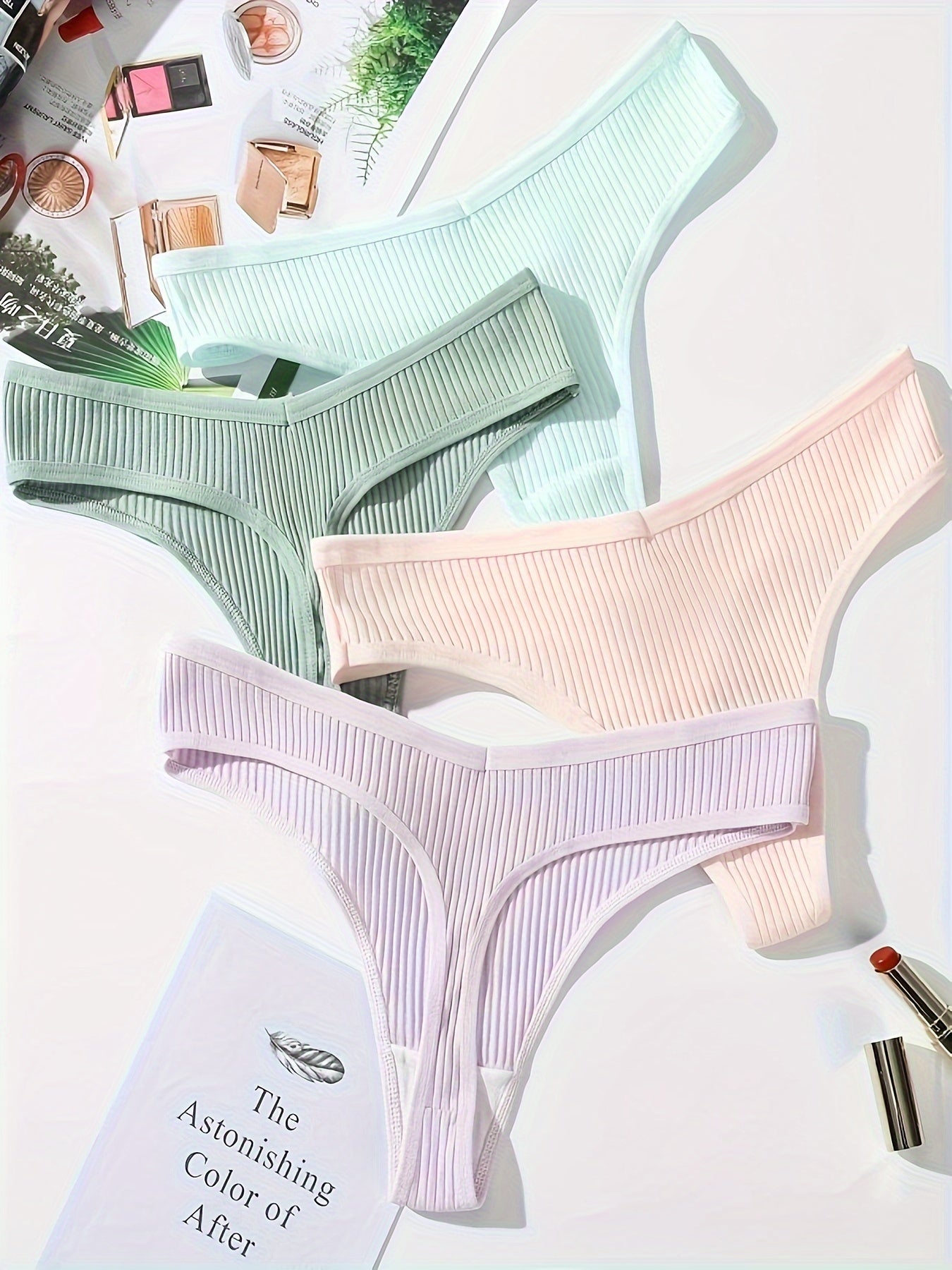 4-Pack of Pure Cotton V-Shape Ladies Thong Panties - Soft, Comfortable, and Stylish with a Low Waistline and Knit Fabric