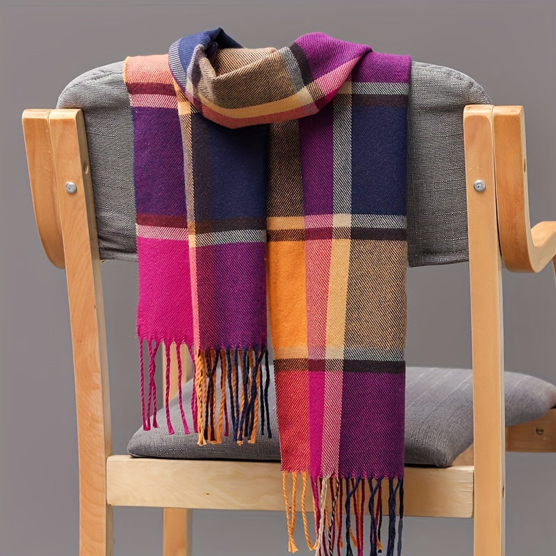 1pc Elegant Plaid Scarf for Men and Women - 100% Polyester, Knitted & Woven, Weekend Casual Style, Warm & Decorative, Inelastic with Fringe Detail, Hand Wash Only