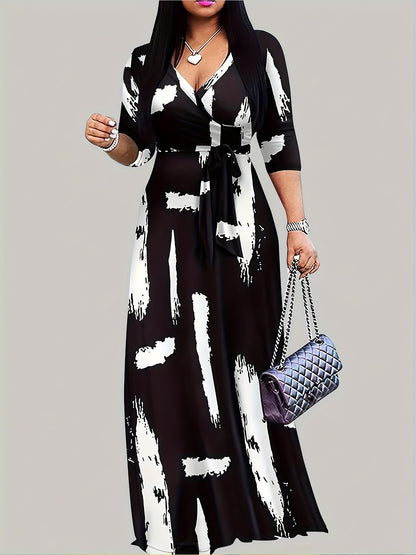 Vestido largo con estampado de pinceles, talla grande, elegante vestido con cuello en V para primavera, ropa de talla grande para mujer.