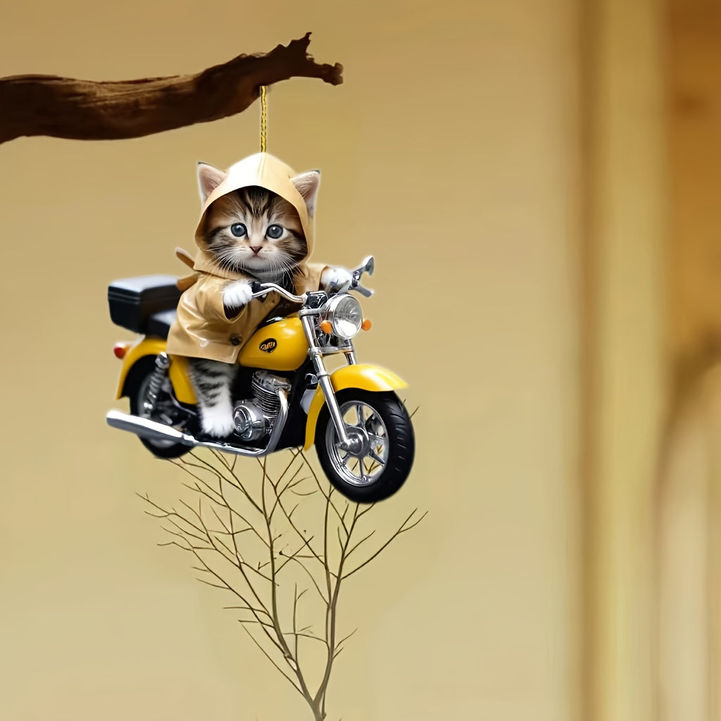 Adorno colgante de acrílico 2D con forma de motocicleta y gatito, estilo moderno, ideal para cumpleaños, hecho de acrílico, sin plumas, no requiere electricidad.