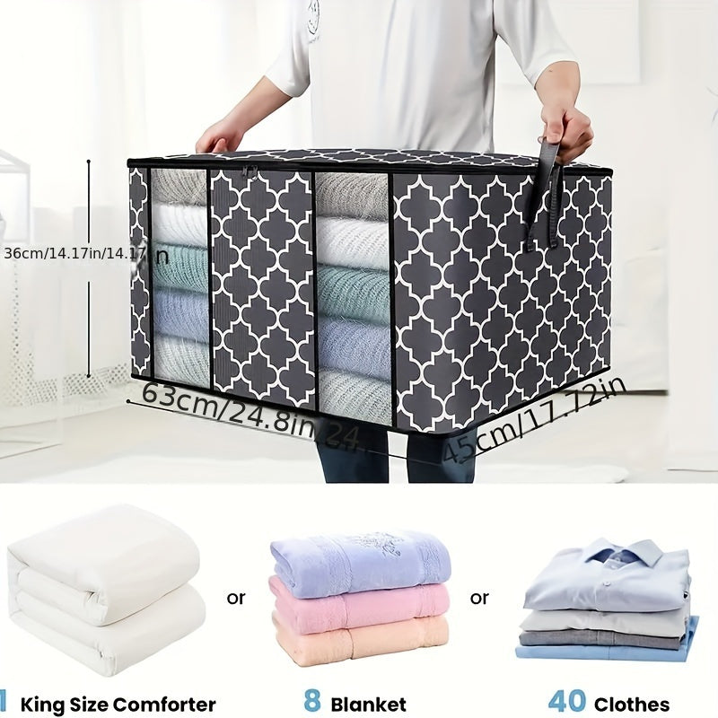 6pcs Set 90L Gray & White Printed Clothes Organizer with Lids - Collapsible, Waterproof Storage Bins with Reinforced Handles and Transparent Viewing Window for Bedding, Blankets, Toys, Under-Bed Storage