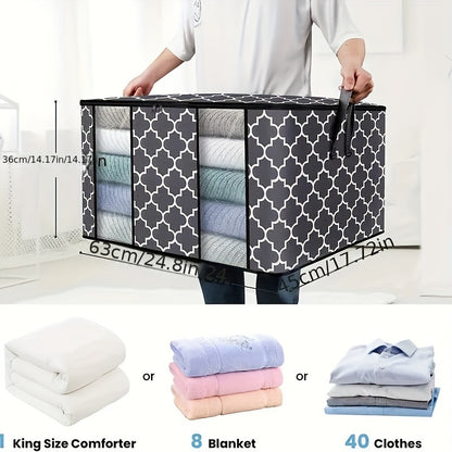 6pcs Set 90L Gray & White Printed Clothes Organizer with Lids - Collapsible, Waterproof Storage Bins with Reinforced Handles and Transparent Viewing Window for Bedding, Blankets, Toys, Under-Bed Storage