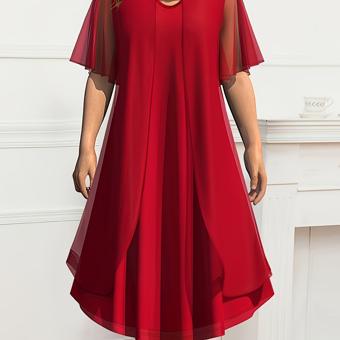 Elegant Plus Size Chiffon-Look Dress for Women - Crew Neck, Short Sleeve with Metallic Detail, Perfect for Spring/Summer/Fall