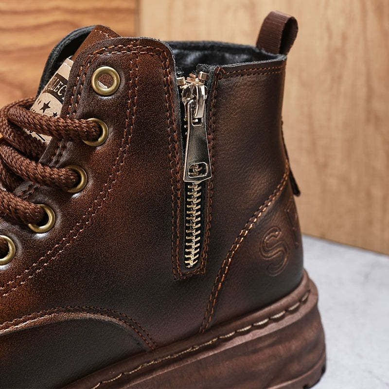 Botas vintage con cordones y cremallera lateral para hombre, resistentes al desgaste y antideslizantes para todas las estaciones.