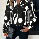 Geo Print V Neck Blouse, Casual Long Sleeve Blouse For Spring &amp; Fall, Women's Clothing