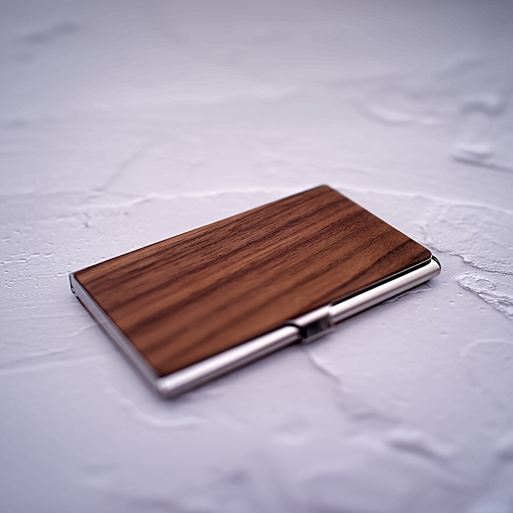 Custom Engraved Men's Business Card Holder - Vintage Style, Large Capacity, Solid Wood Grain Design in Deep Brown