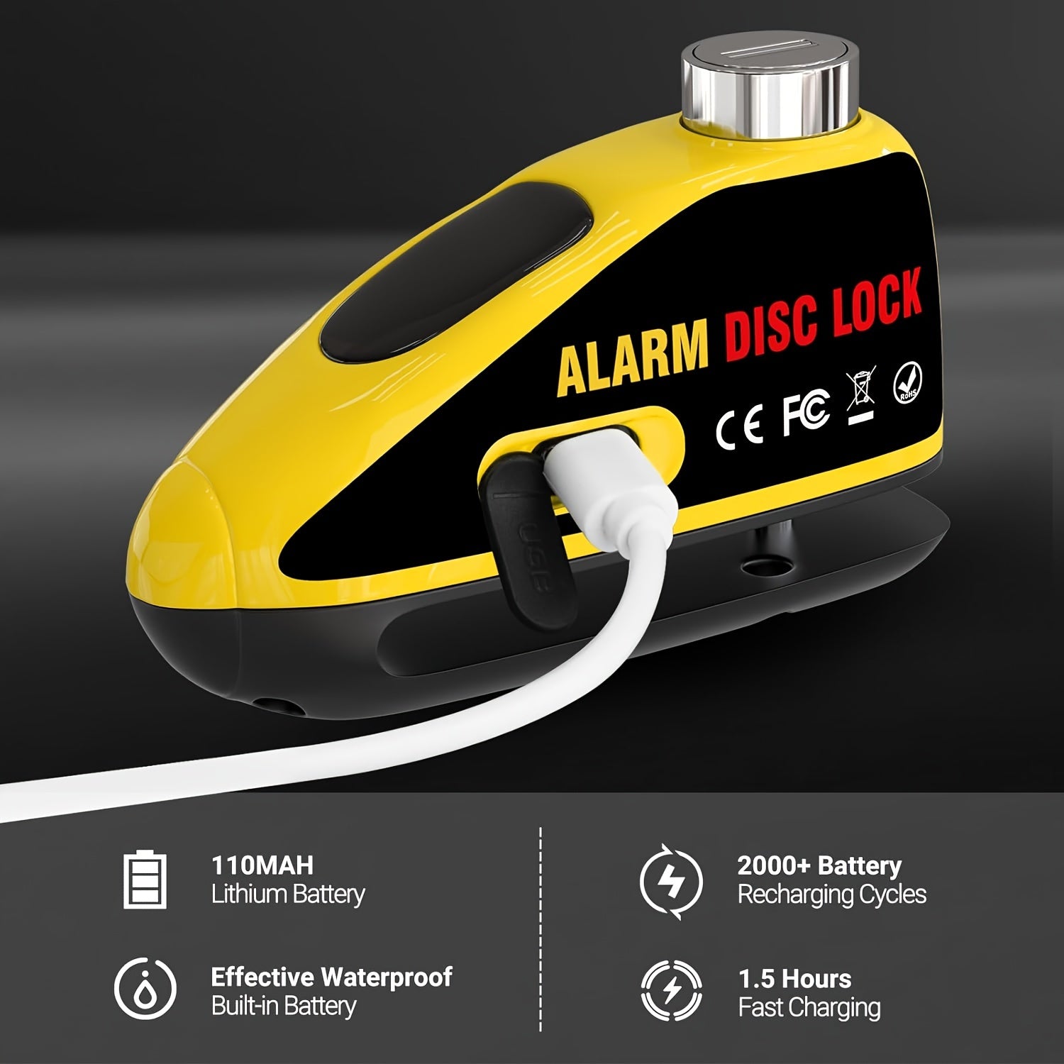 110dB Loud Alarm Disc Brake Lock Set with Reminder Cable, USB Type-C Rechargeable, Anti-Theft Motorcycle and Bicycle Security Lock with 2 Unique Keys, Waterproof, Quick Charge in 1.5 Hours, Innovative Motorcycle Helmet Design