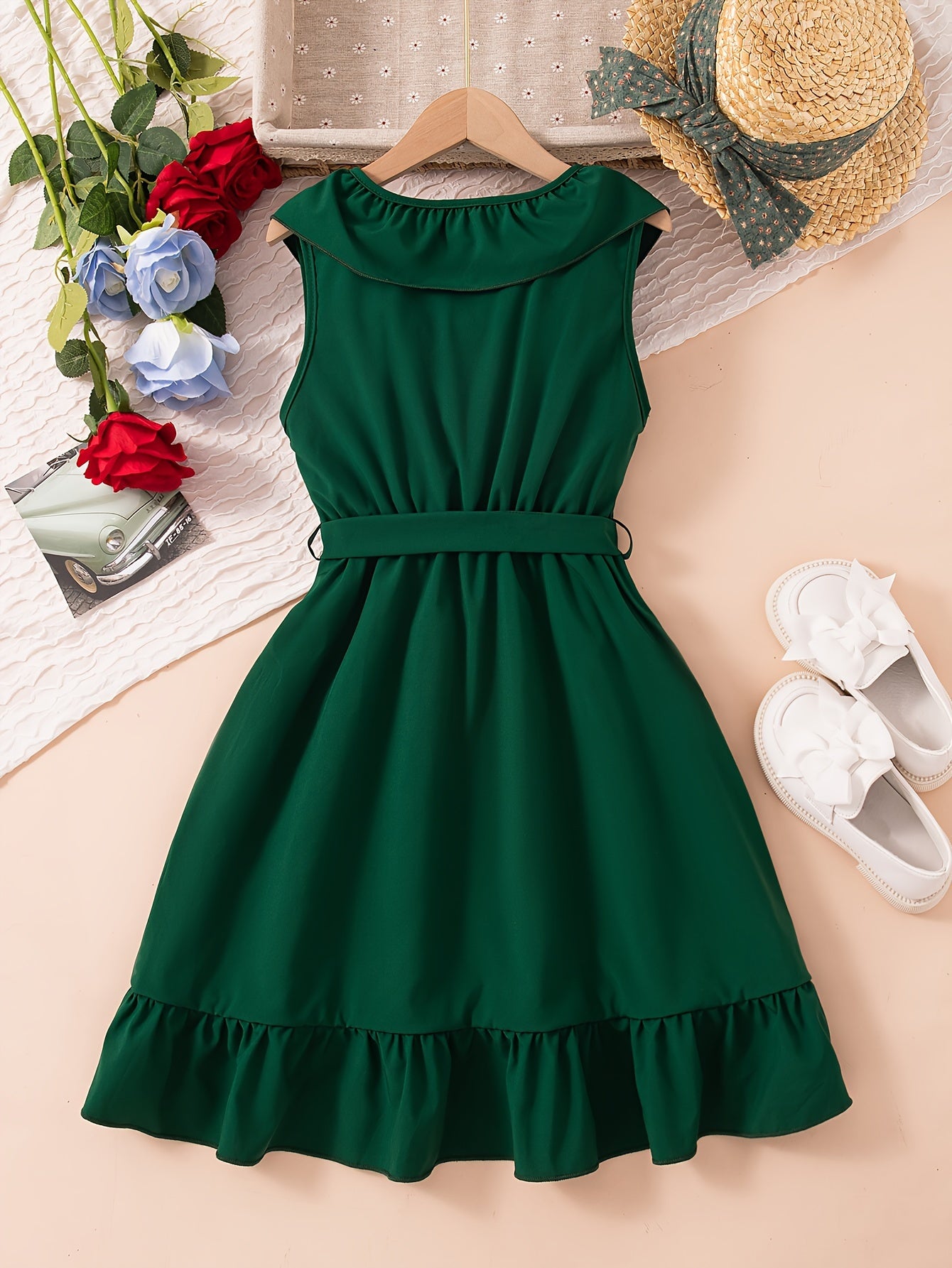 HWMFSNHFZ Elegant Girls Solid Ruffle Trim Sleeveless Belted Dress Summer Clothes Party